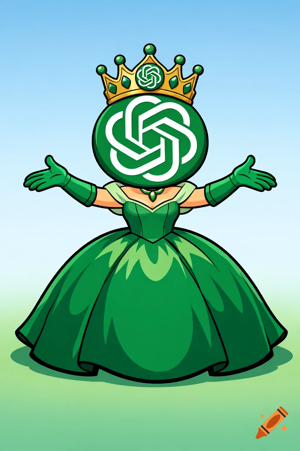 A cartoon character with a green ChatGPT logo head, wearing a wide green princess dress, green gloves, and a golden crown with the ChatGPT logo.