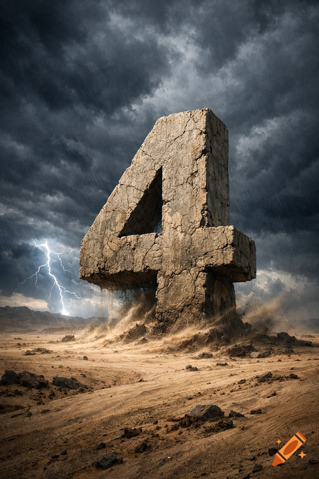 A giant cracked stone number 4 stands in a desert during a lightning storm, with sand blowing at its base.