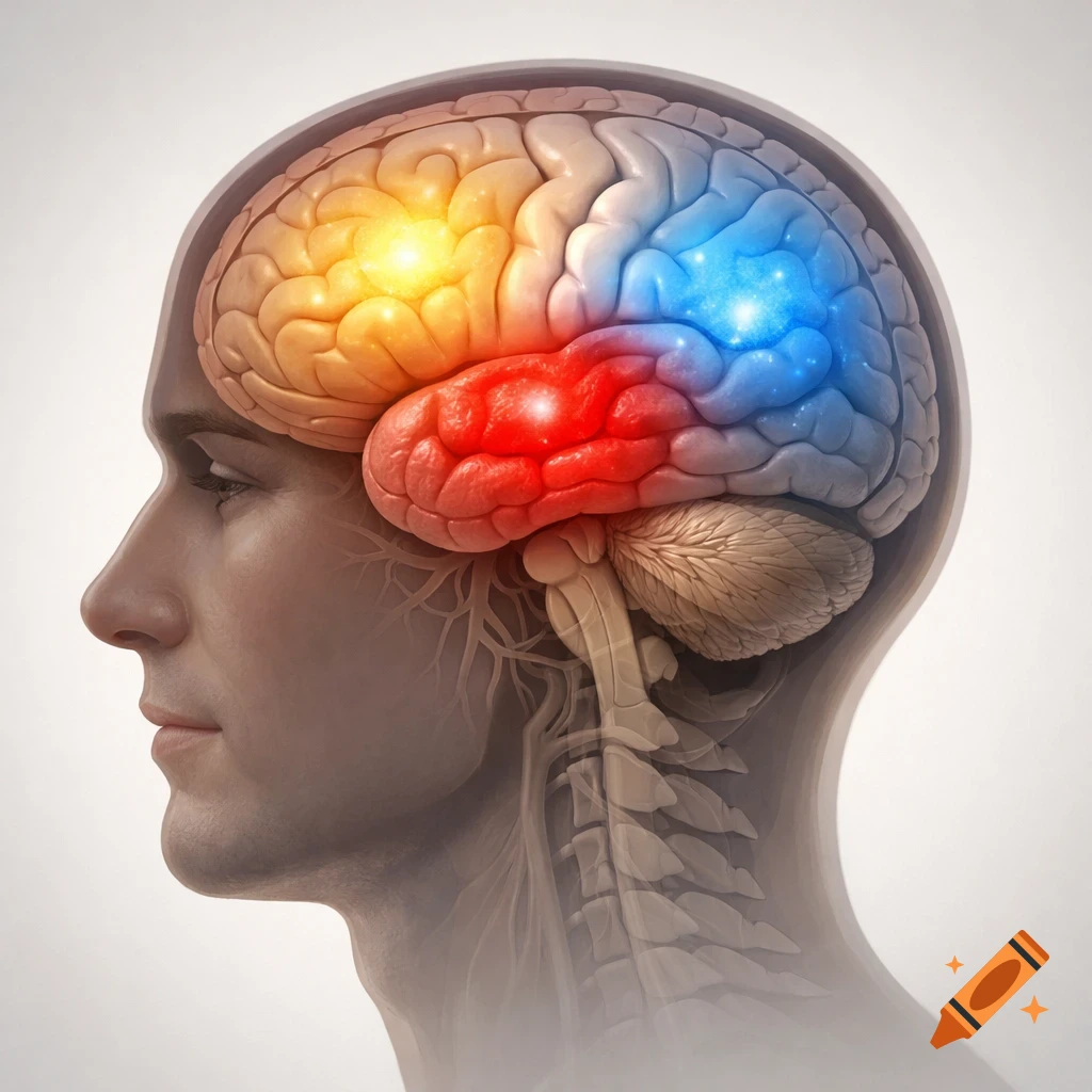 Side view of a human head in a medical illustration style, showing a brain with glowing orange, red, and blue areas.