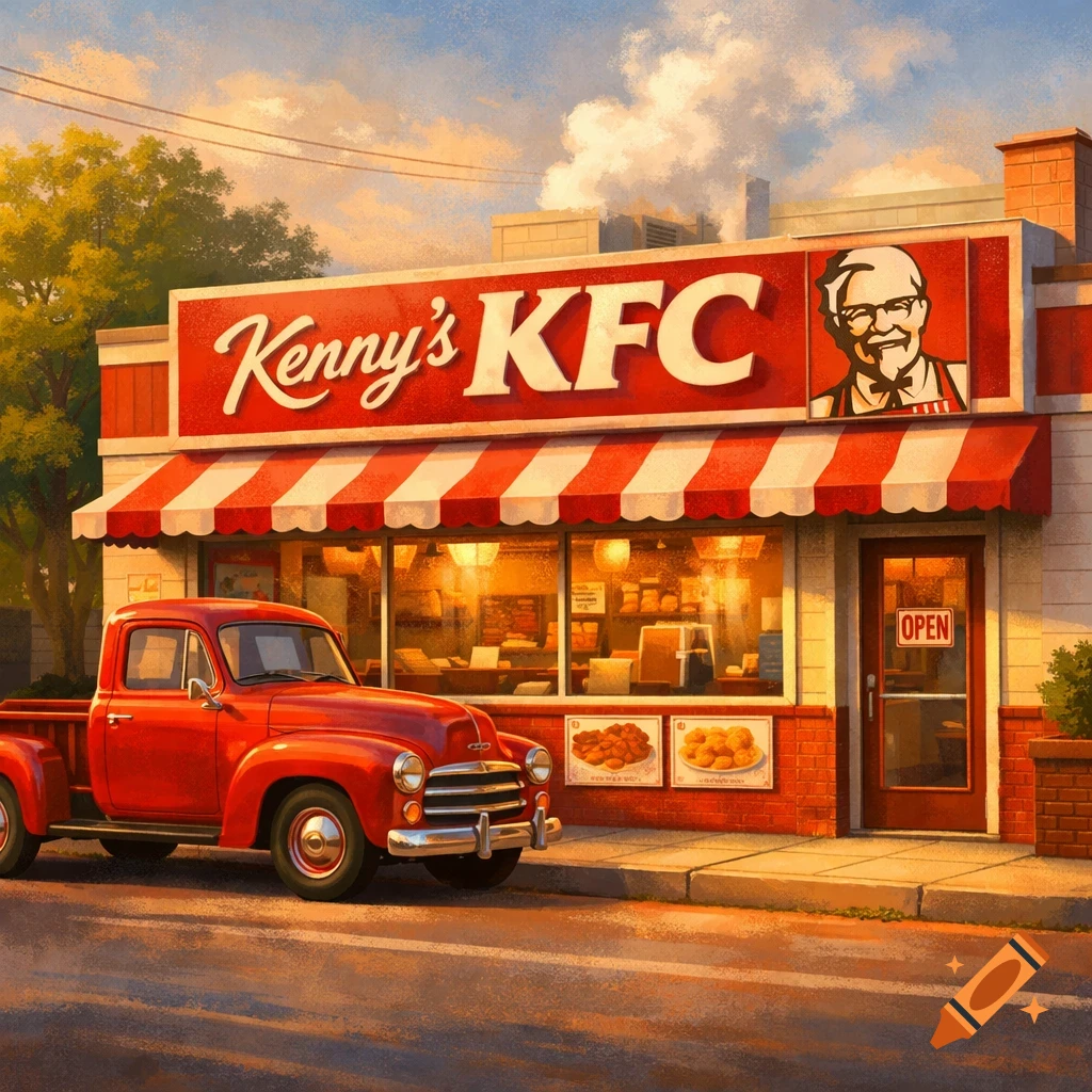 Cartoon illustration of a red pickup truck parked in front of a Kenny's KFC restaurant under a cloudy sky.
