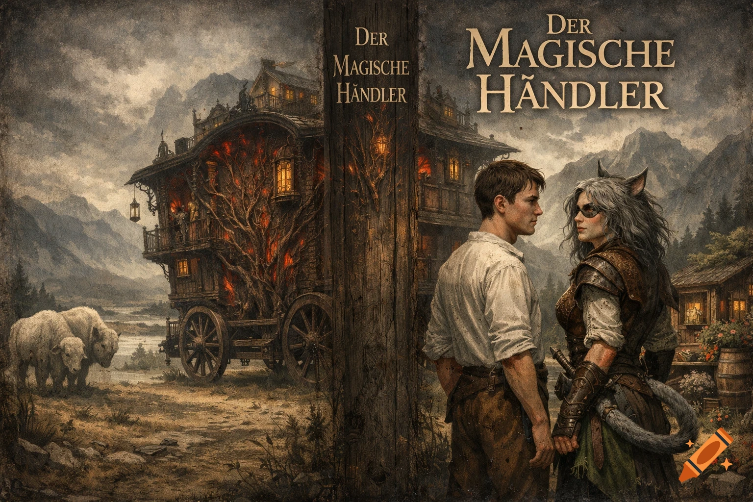 Fantasy book cover with a man and a cat-woman, a glowing magical wagon, and bison in a mountain landscape. Title 'Der Magische Händler'.