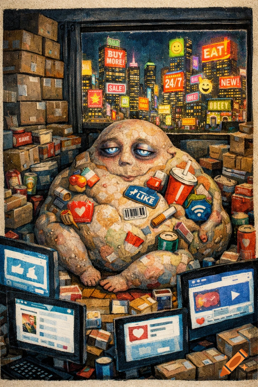 Grotesque, bloated figure covered in consumer items and social media icons, sitting before screens, with a city of glowing advertisements outside a window, in a dark satirical style.