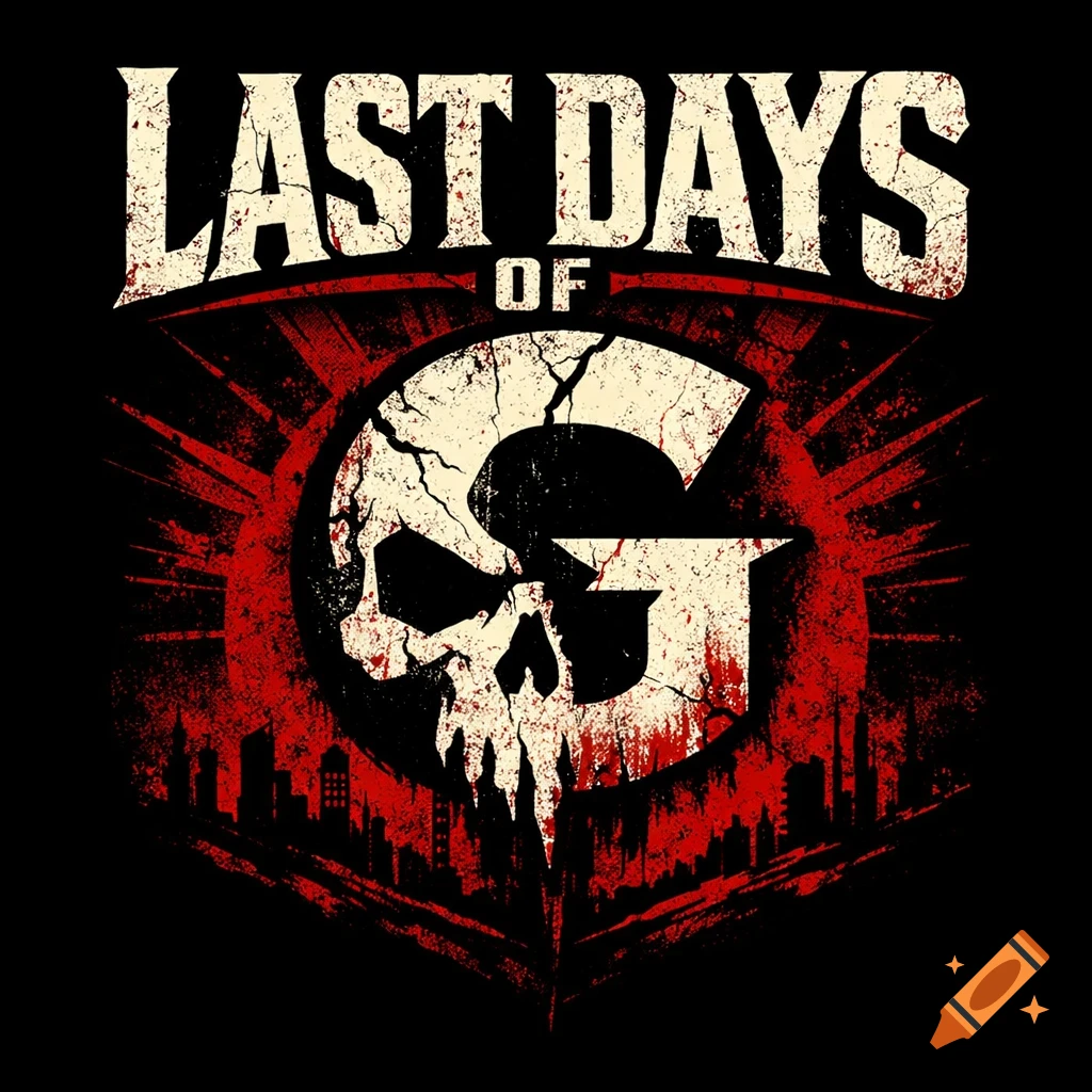 Distressed band logo with "LAST DAYS OF G" above a cracked skull integrated into a stylized 'G', backed by a red burst and a cityscape silhouette.