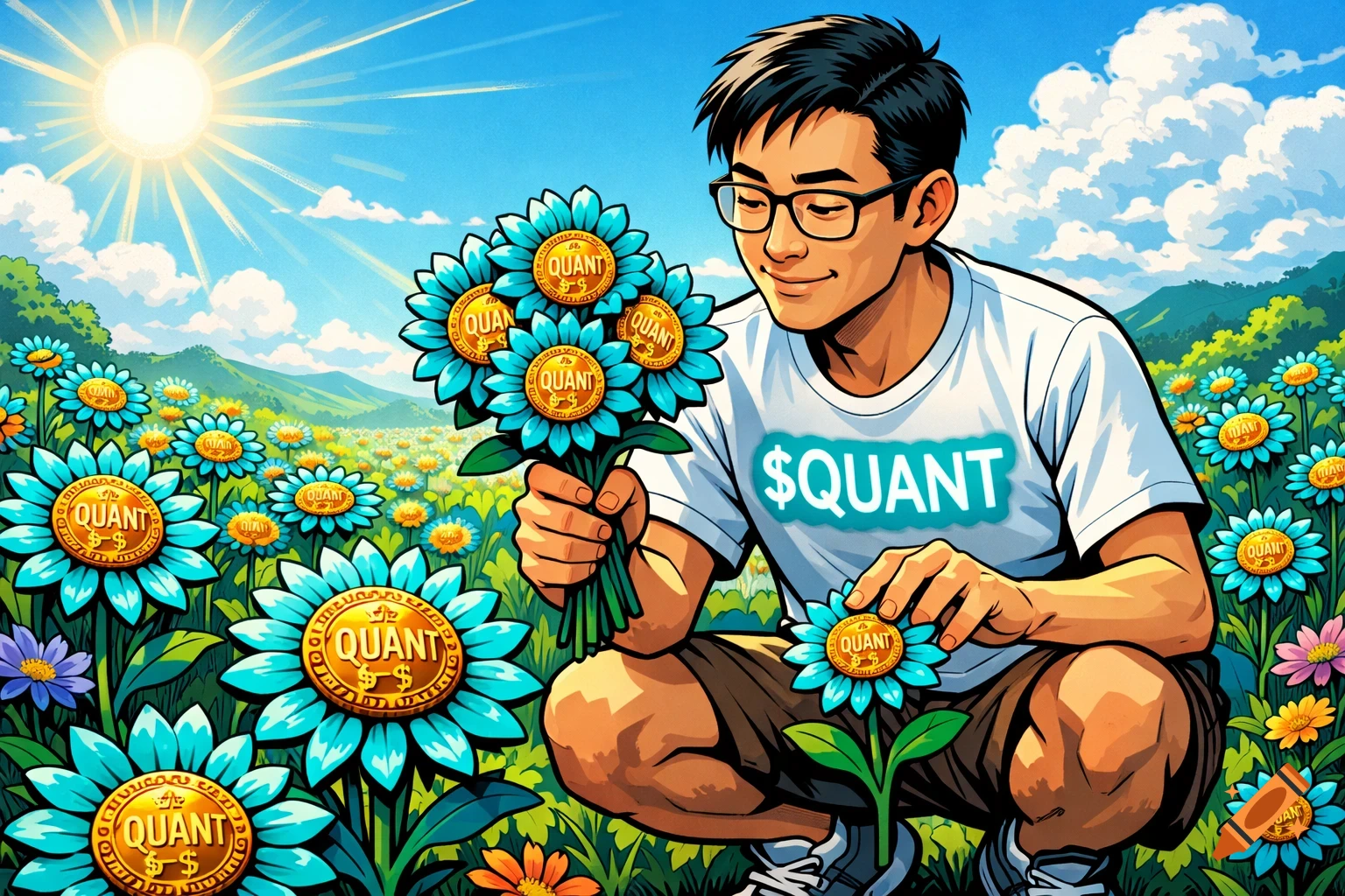 Comic illustration of an Asian man in a field of turquoise 'QUANT' flowers, holding a bouquet and picking another under a bright sun.