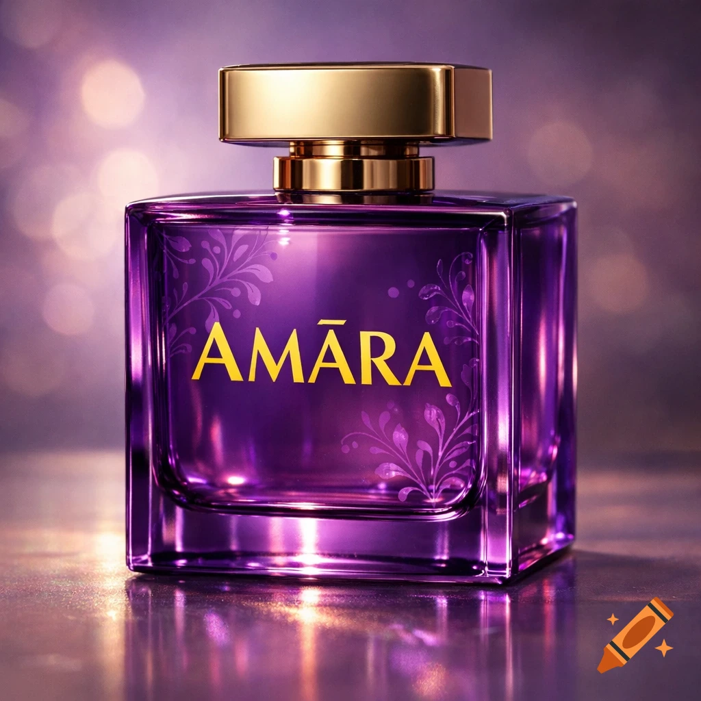 A close-up, photorealistic image of a square purple perfume bottle with a golden cap, featuring 'AMĀRA' in yellow text on the front, set against a sparkling bokeh background.