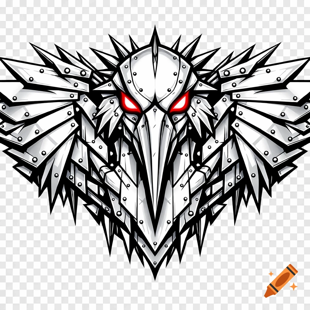 A symmetrical, high-contrast comic book style logo of a mechanical heron head made of white iron plates and spikes, with glowing red eyes, on a transparent background.