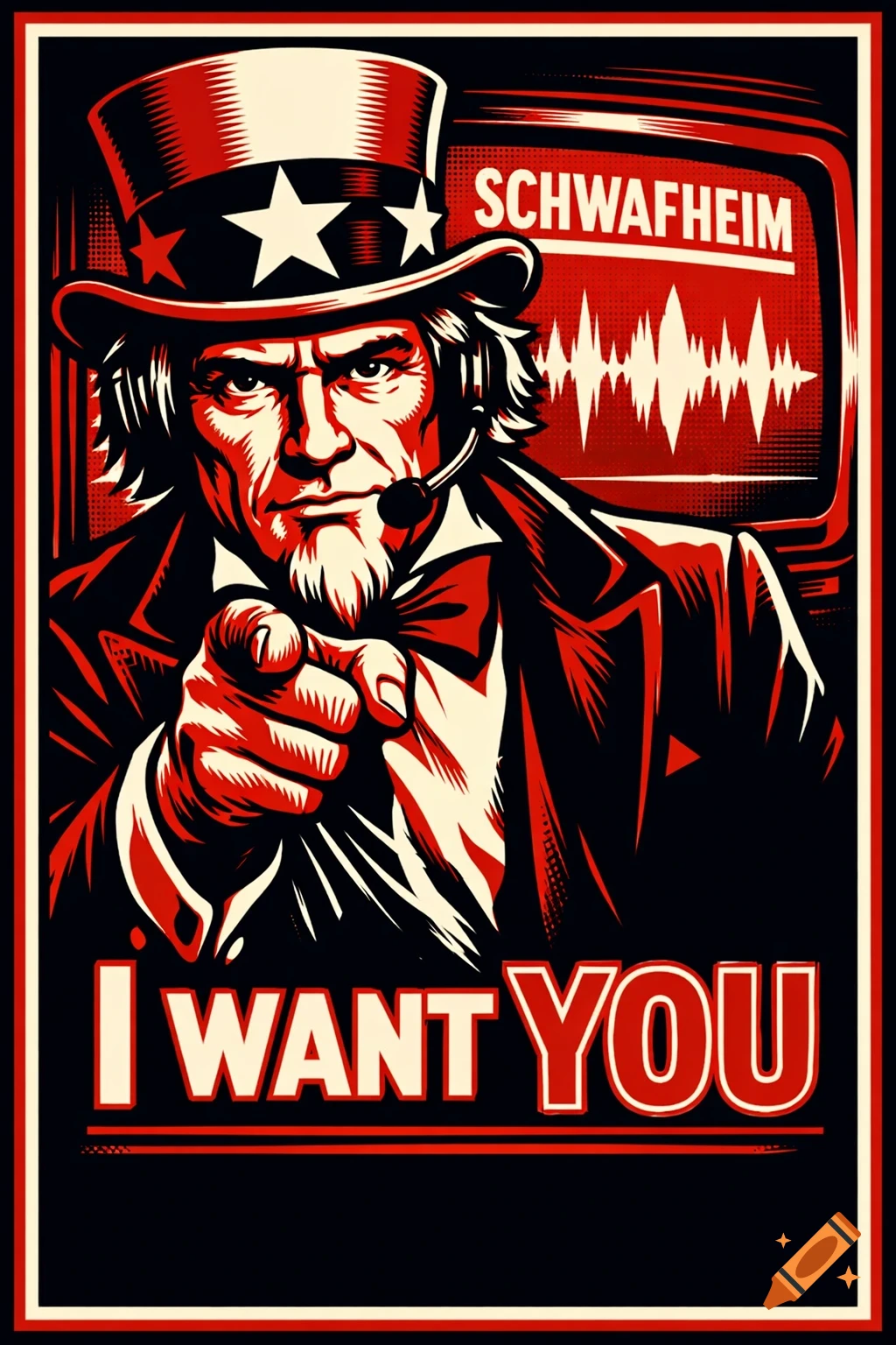 Uncle Sam in a red, white, and black propaganda poster style, pointing at the viewer with text 'I WANT YOU' and 'SCHWAFHEIM' on a TV screen.