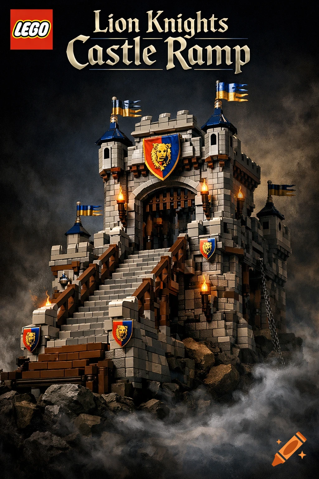 A detailed, realistic render of a LEGO Lion Knights Castle Ramp on rocky terrain amidst mist, with torches and flags. Cover art style.
