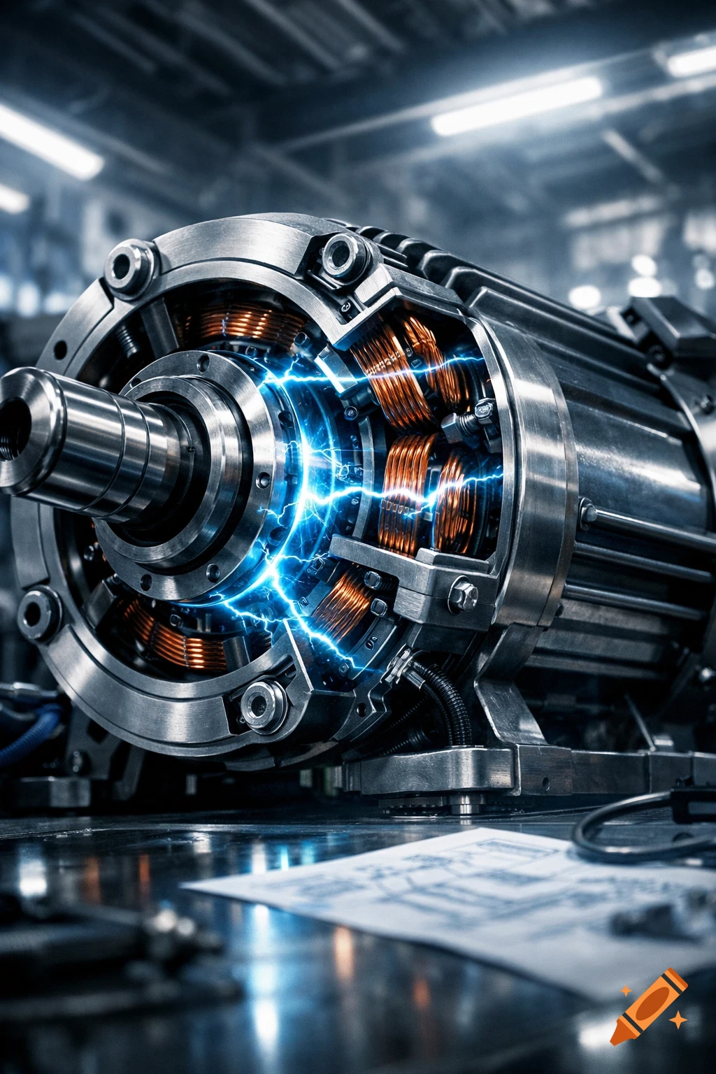 Close-up of a detailed electric motor with exposed copper coils, glowing blue electricity, in a dark, industrial setting.