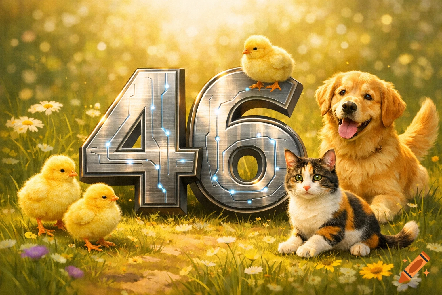 A golden retriever, calico cat, and three chicks sit in a sunny field of daisies around a metallic number '46'.