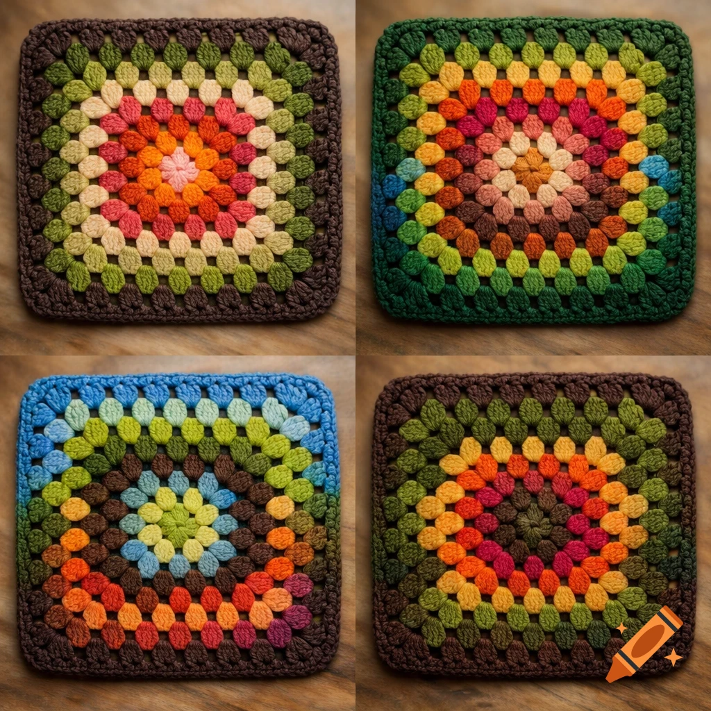 Four square crocheted granny squares with varied colorful yarn patterns on a wooden surface.