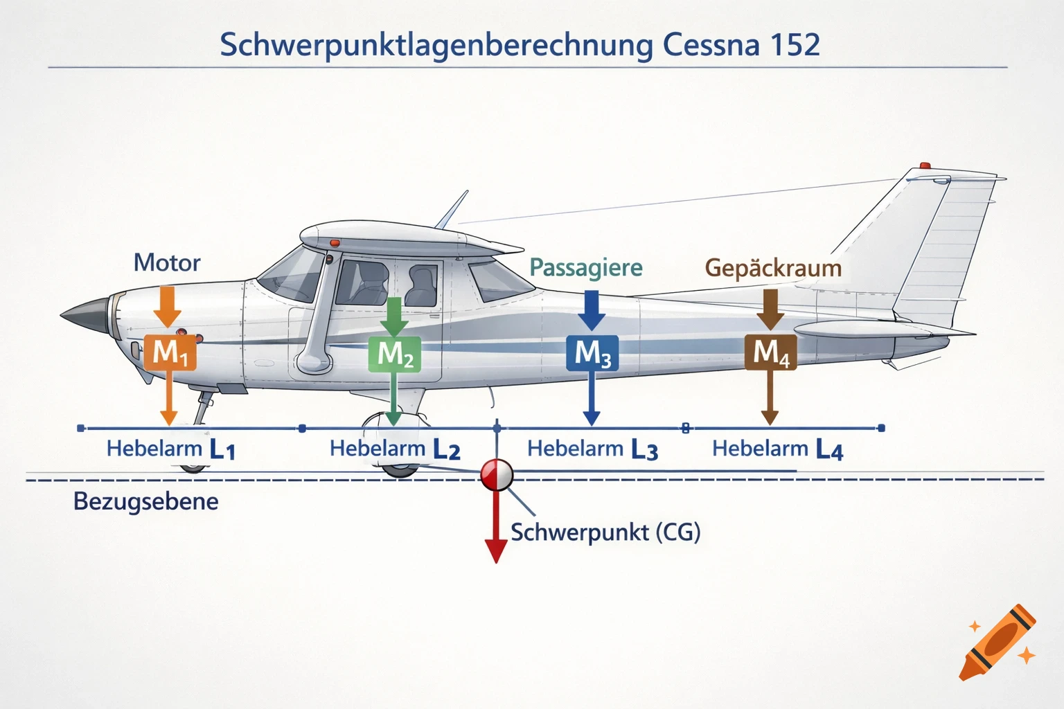 Technical diagram of a Cessna 152 showing weight and balance calculation with labeled load points, lever arms, and center of gravity.