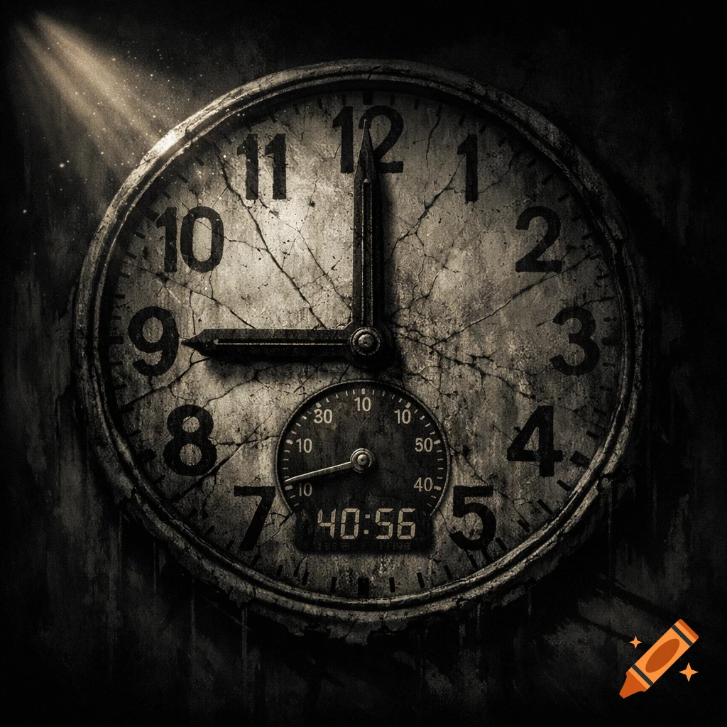 An old, distressed, dark monochrome clock with visible cracks and a sub-dial showing a digital time. Light rays shine from the top left.