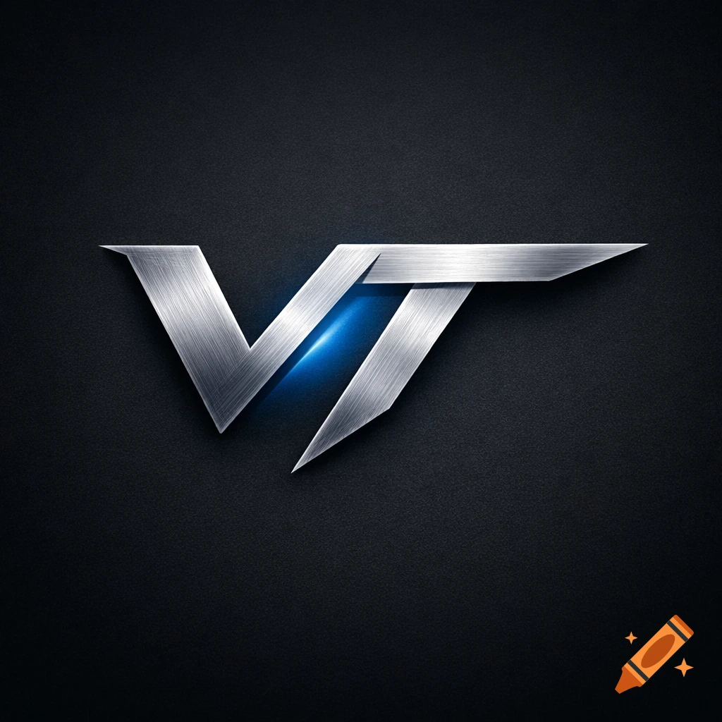 A metallic, stylized logo featuring the letters 'VT' with a blue glow, on a dark textured background.
