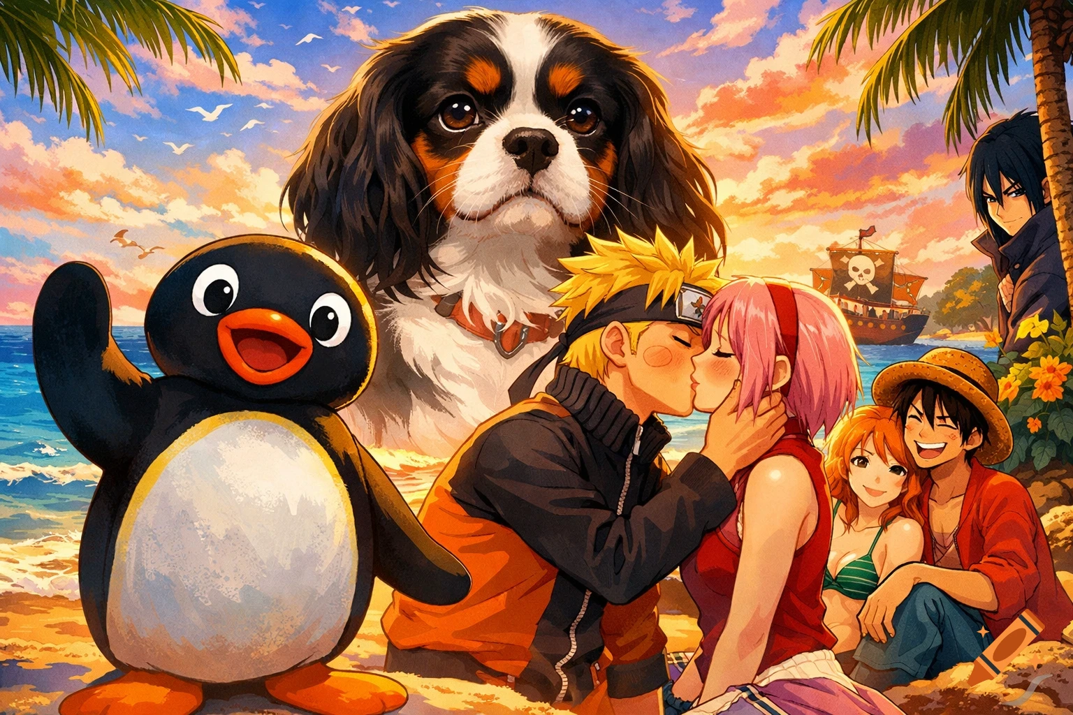 A colorful anime-style beach scene featuring Naruto and Sakura kissing, a waving Pingu, a large Cavalier King Charles dog, Sasuke, Luffy, and Nami, with a pirate ship in the background.