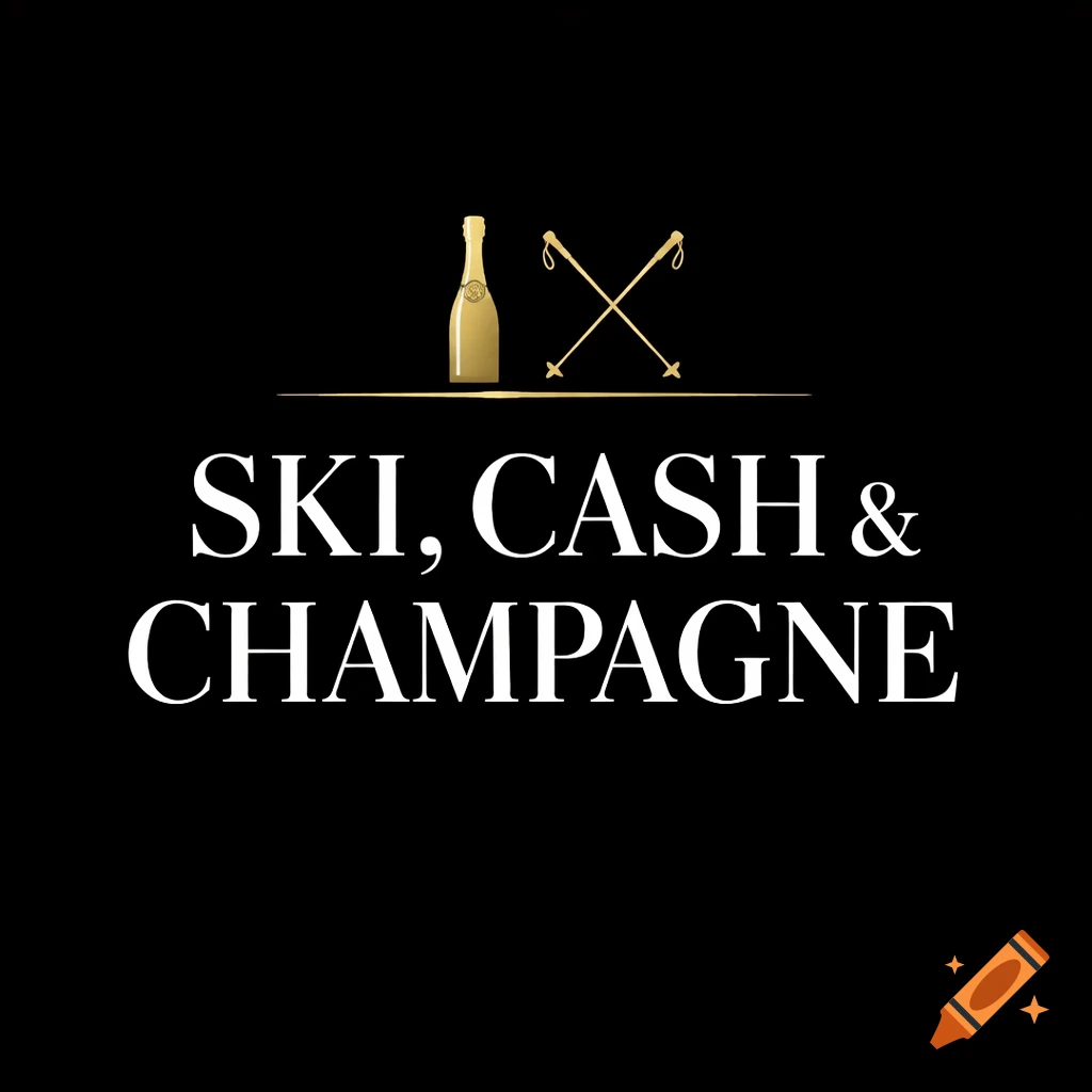 A black graphic with a gold champagne bottle and crossed ski poles above white text "SKI, CASH & CHAMPAGNE".