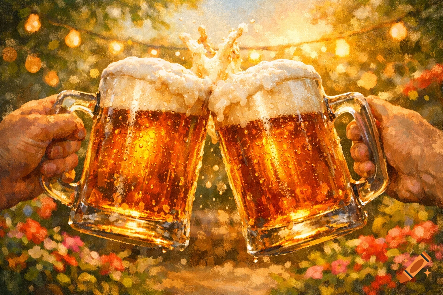 Two hands toast with frothy beer mugs, splashing liquid, in a sunlit garden party scene, painterly style.