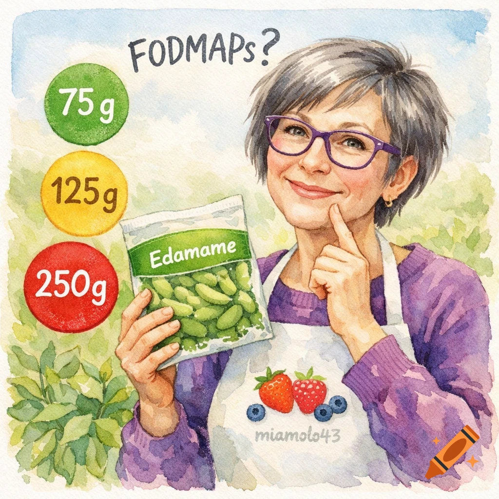Watercolor illustration of a smiling woman with glasses, holding edamame, next to text "FODMAPs?" and green, yellow, red circles with "75 g", "125 g", "250 g" respectively.