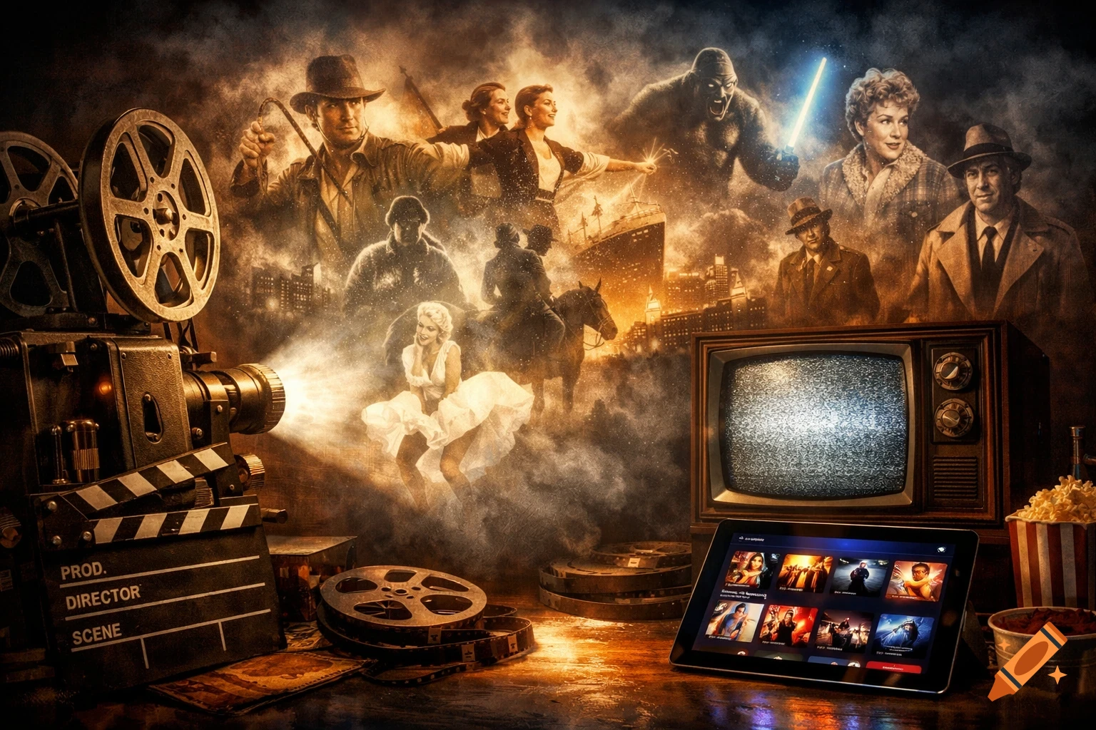 A dynamic collage of classic movie characters and film equipment, including a projector, clapboard, old TV with static, and a tablet showing streaming options.