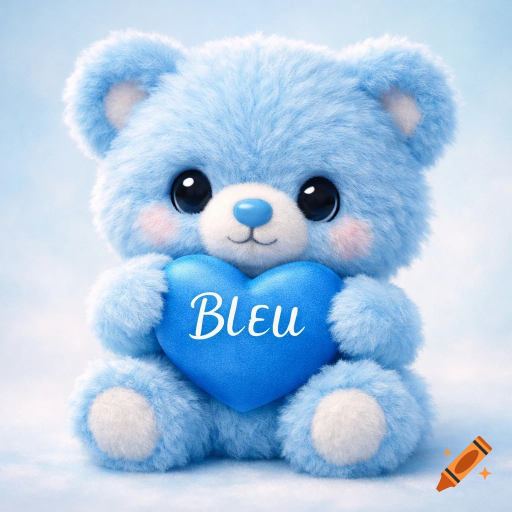 A cute, fluffy blue teddy bear with rosy cheeks holds a blue heart labeled 'BLeU'.