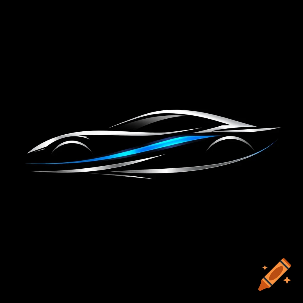 Minimalist abstract car logo in silver and blue line art on a black background.