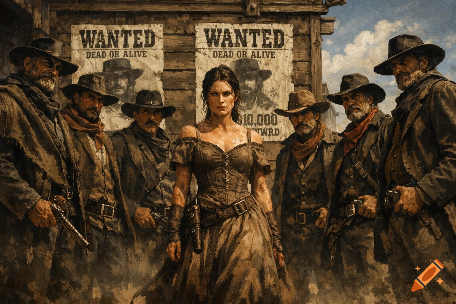 A woman in a dress stands among six armed men in a western town, with two "Wanted" posters on a wooden building behind them.