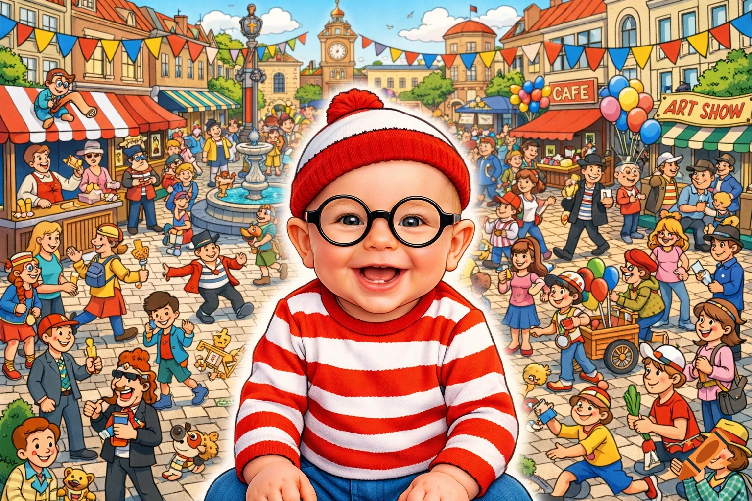 A happy baby dressed as Where's Wally sits in the foreground of a busy, colorful cartoon city square with crowds and stalls.