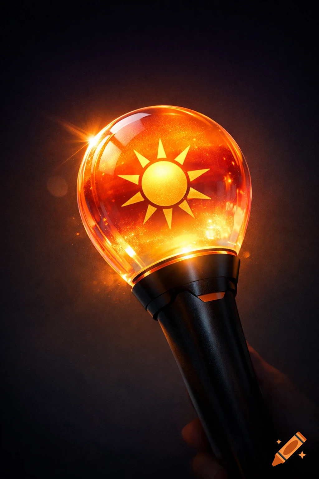 A glowing sunset-colored lightstick with a stylized sun logo inside a clear orb, held in a hand against a dark background.