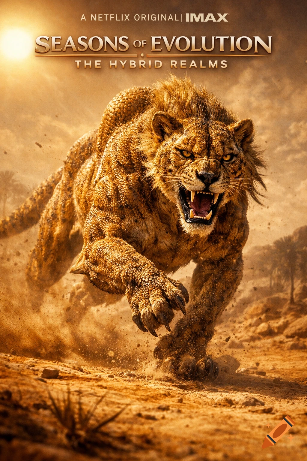 A fierce, muscular, lion-like hybrid creature with reptilian skin leaps across a dusty desert landscape under a sunlit sky, with the title "SEASONS OF EVOLUTION" above.