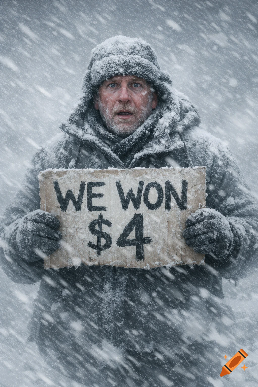 A man with a shocked expression, covered in snow, stands in a blizzard holding a cardboard sign that reads 'WE WON $4'.