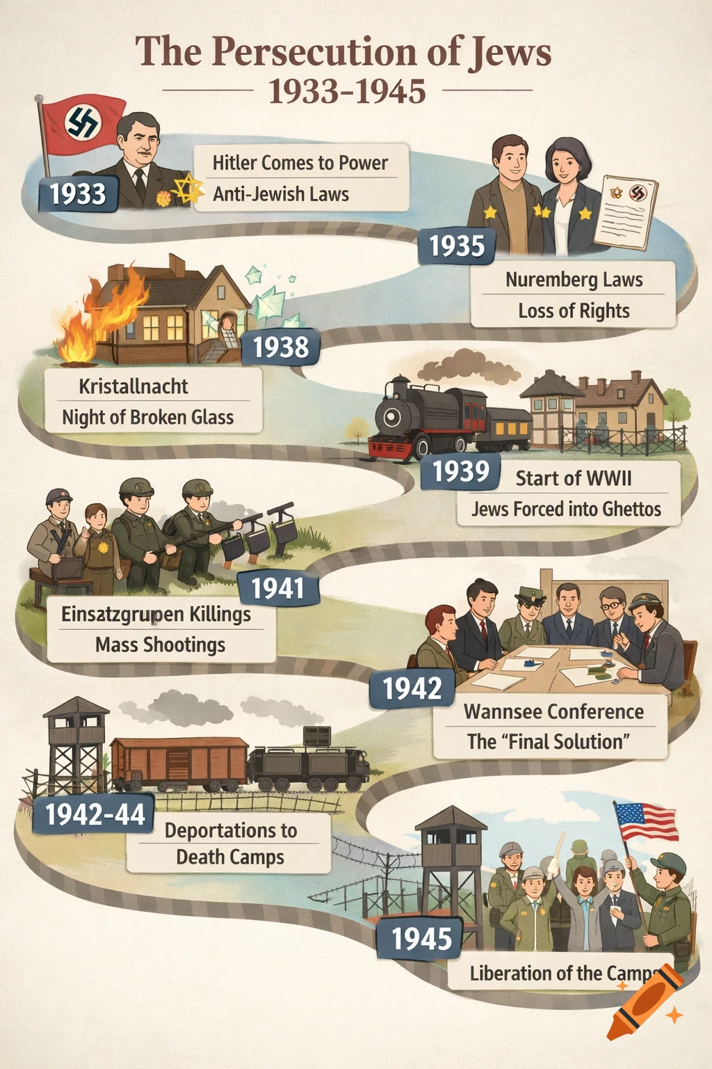 A timeline infographic depicting the persecution of Jews from 1933-1945, with cartoon-style illustrations of historical events.