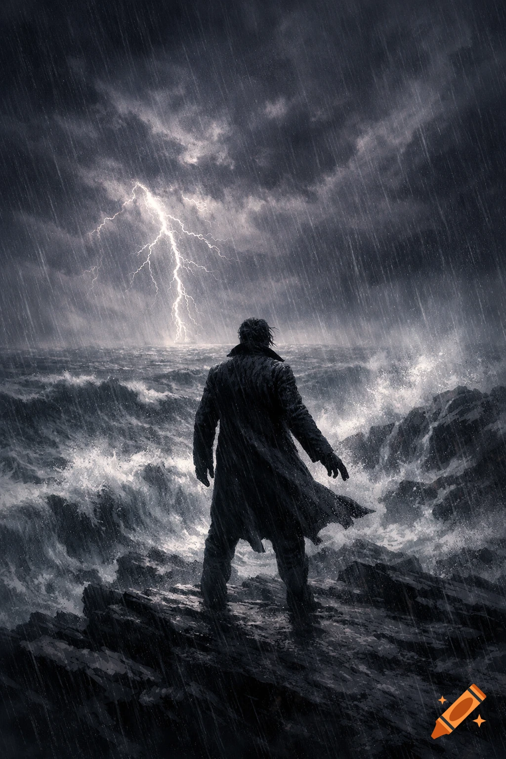 A person in a long coat stands on dark rocks, overlooking a tempestuous sea with crashing waves and a lightning strike in a dark, rainy sky.