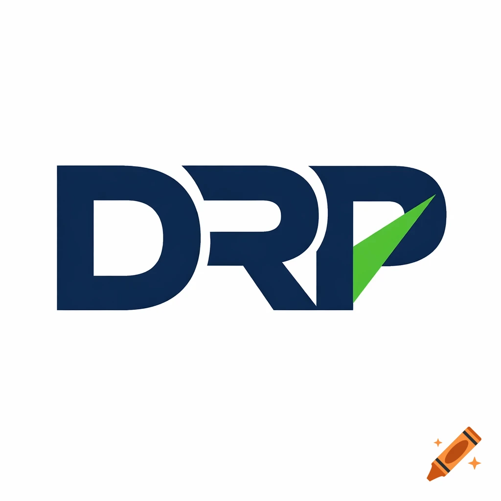 Minimalist logo with bold navy blue letters DRP, the P integrating a green checkmark.