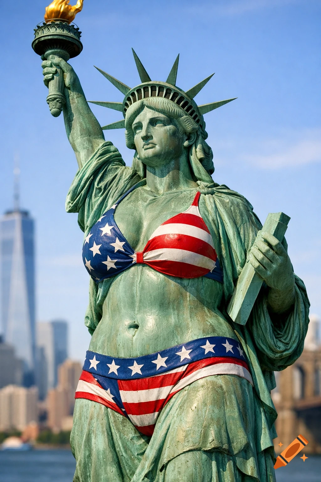 Photorealistic image of the Statue of Liberty wearing a USA flag pattern bikini, with the New York City skyline in the background.