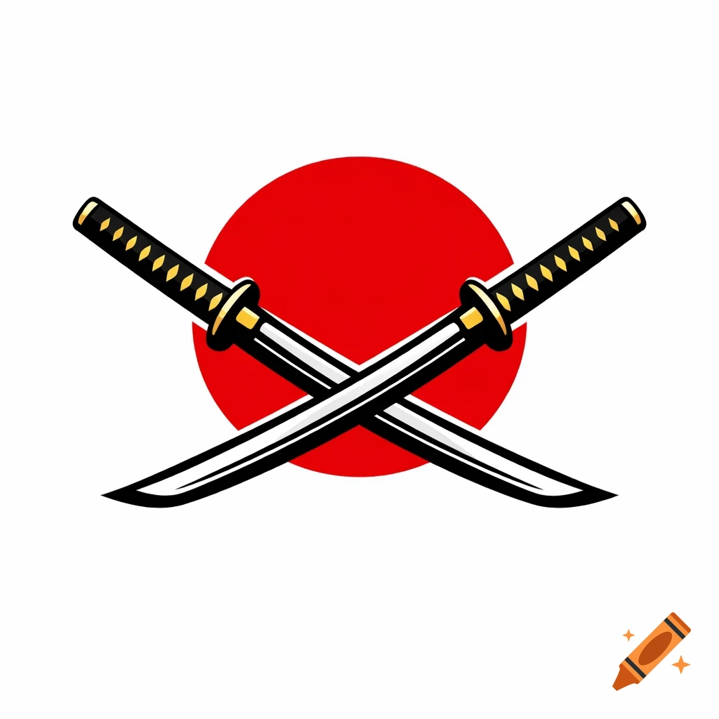 Two crossed black and gold katana swords in front of a red sun circle, in a minimal vector logo style.