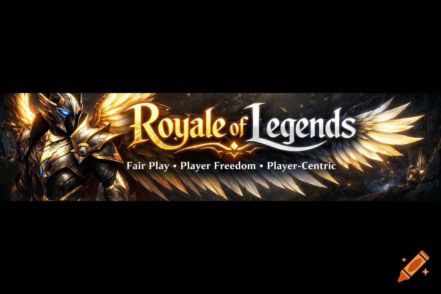 An epic fantasy gaming banner for 'Royale of Legends' featuring a golden-armored warrior with glowing wings.