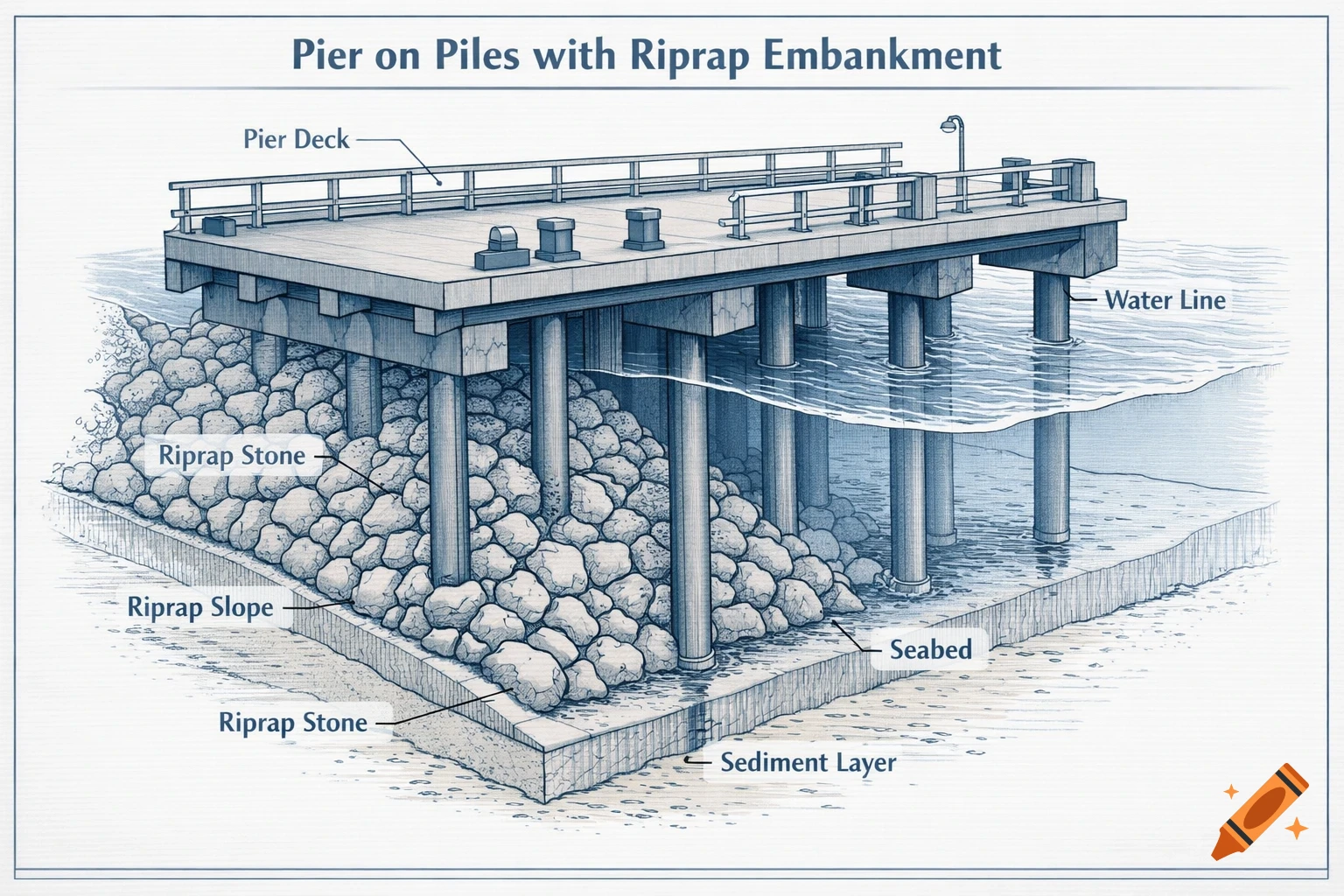 Detailed technical diagram illustrating a pier on piles with a riprap embankment, showing labels for various components and water layers.