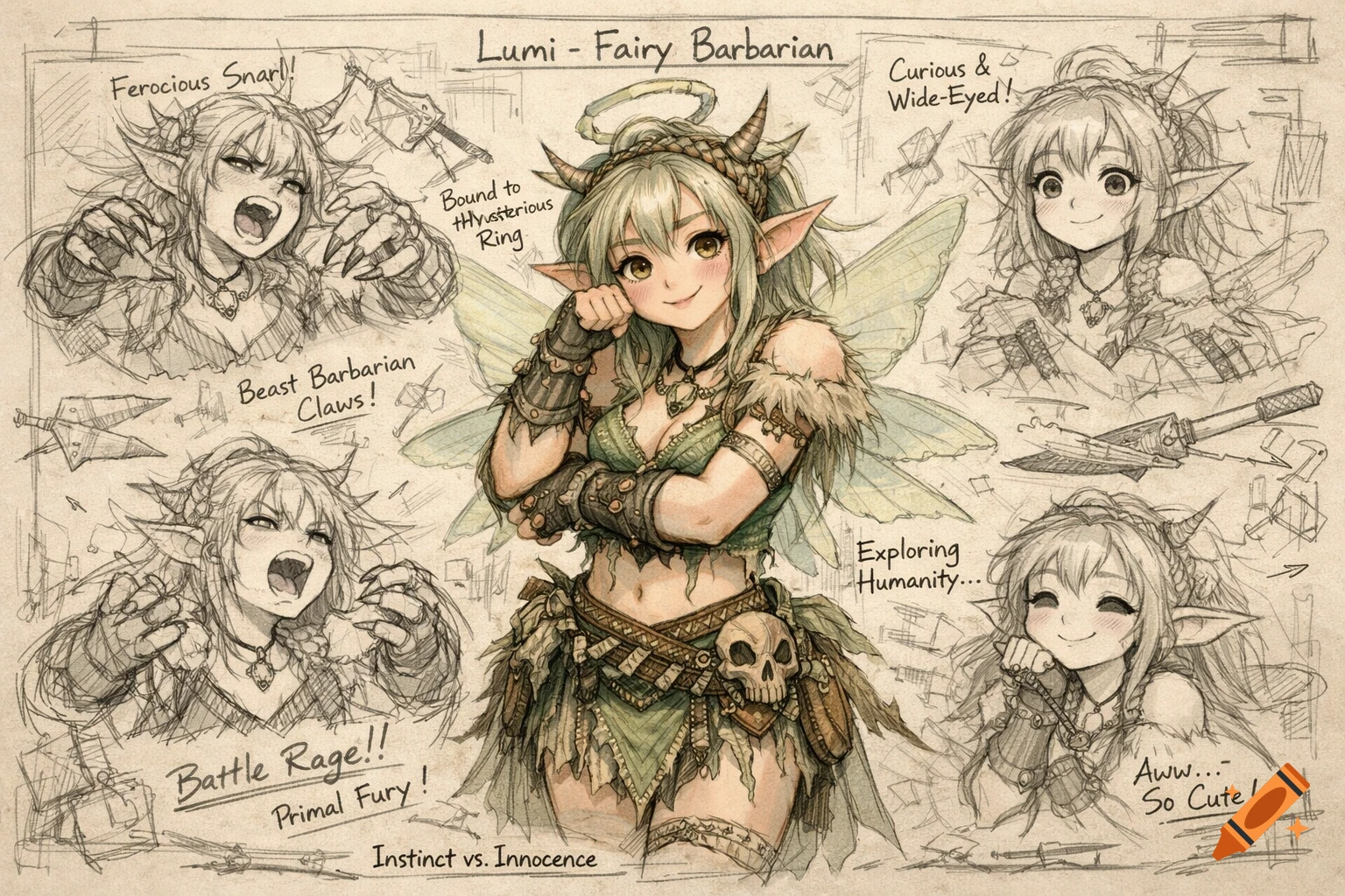 Concept art of Lumi, a fairy barbarian, featuring a central colored portrait and surrounding monochrome sketches showing various expressions and abilities.