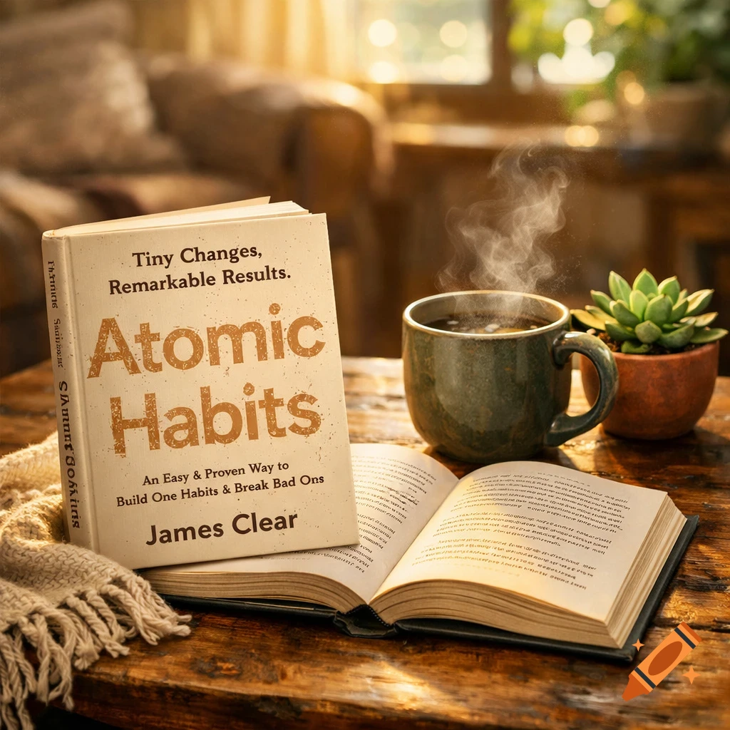 Open 'Atomic Habits' book on a wooden table with a steaming coffee mug and a succulent in a cozy, sunlit room.