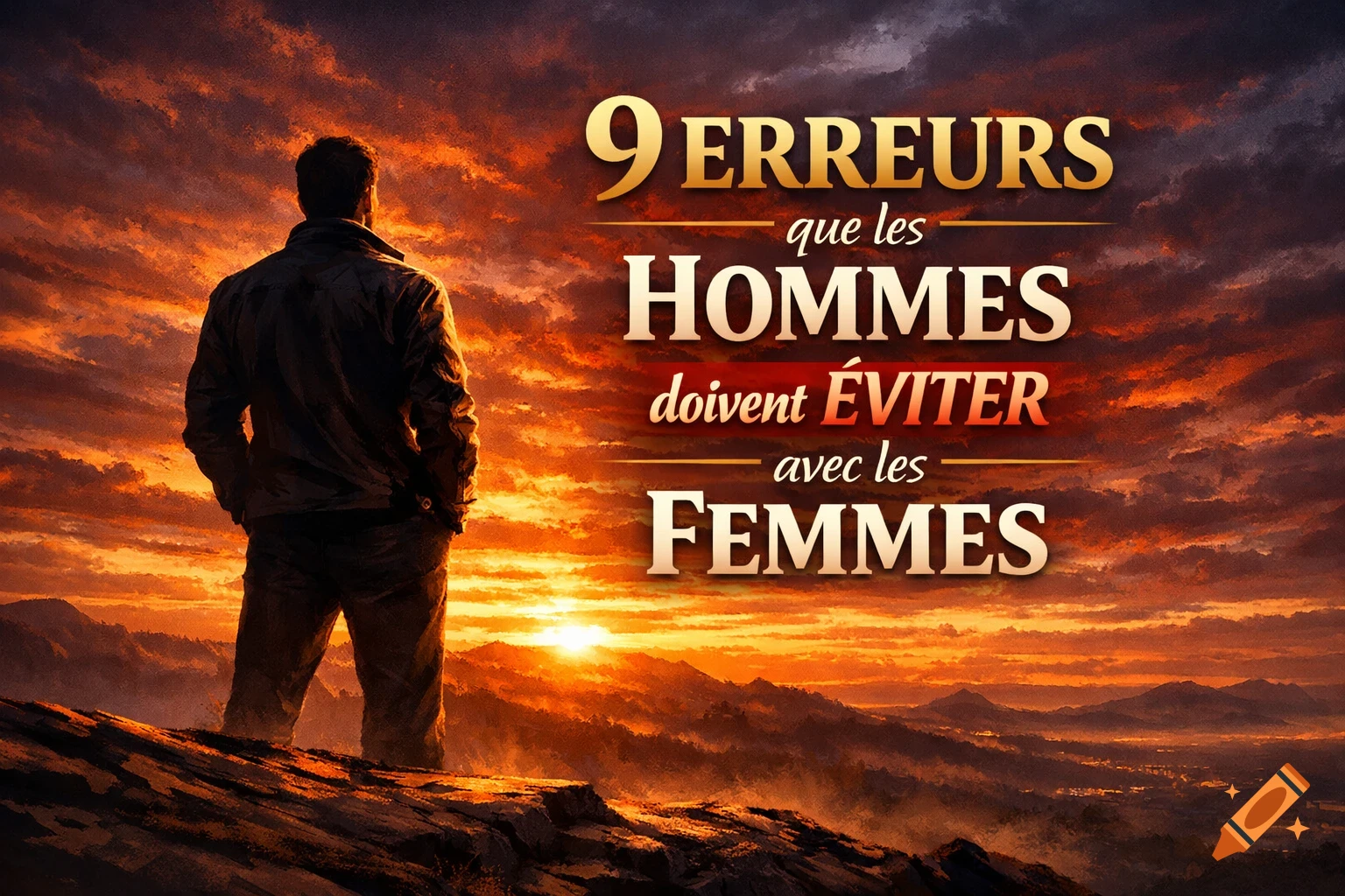 Man on a rocky cliff overlooking a dramatic sunset landscape, with overlaid French text about '9 mistakes men should avoid'.