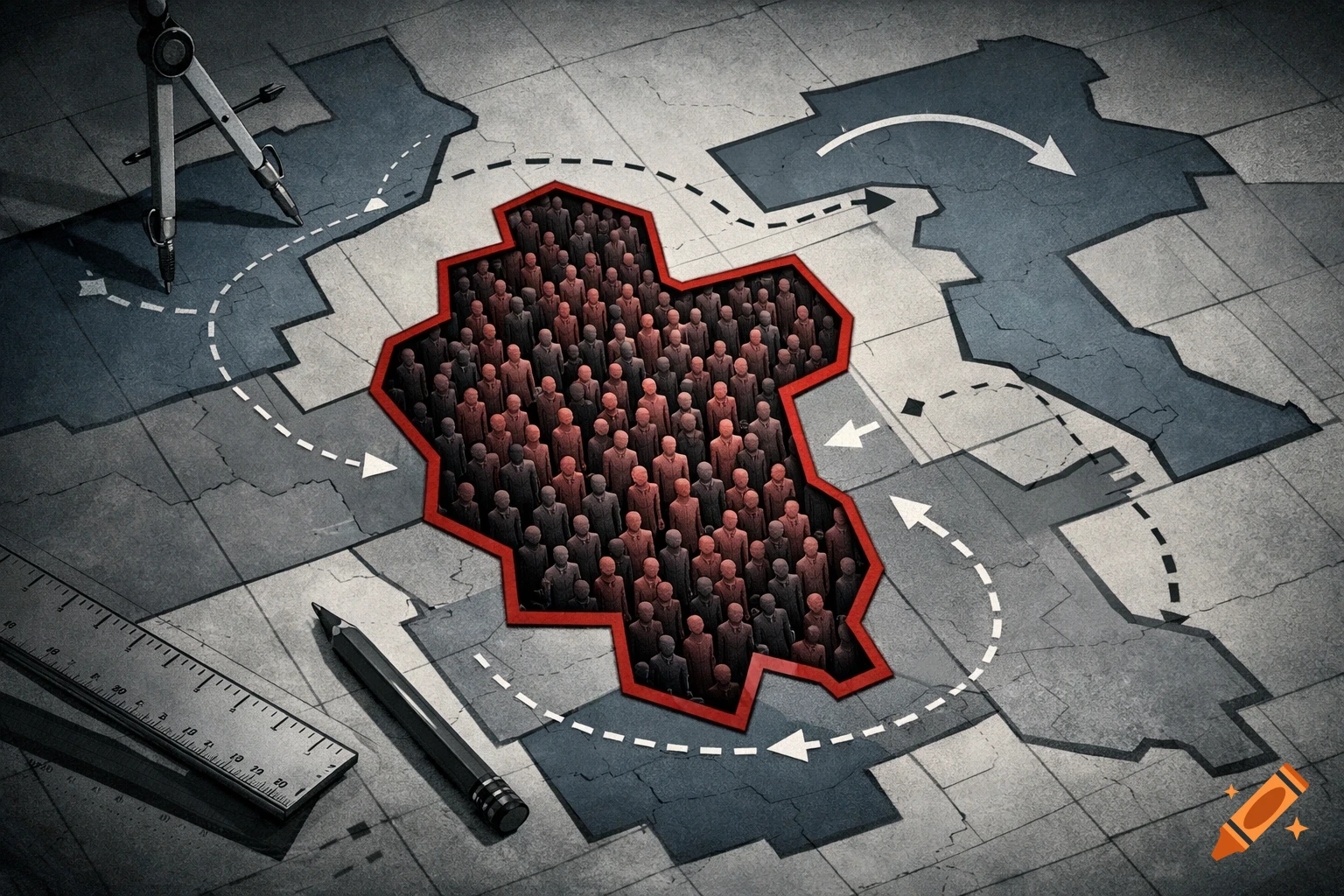Stylized illustration of gerrymandering 'packing' with a dense crowd of people in a red-bordered district on a map, surrounded by drafting tools.