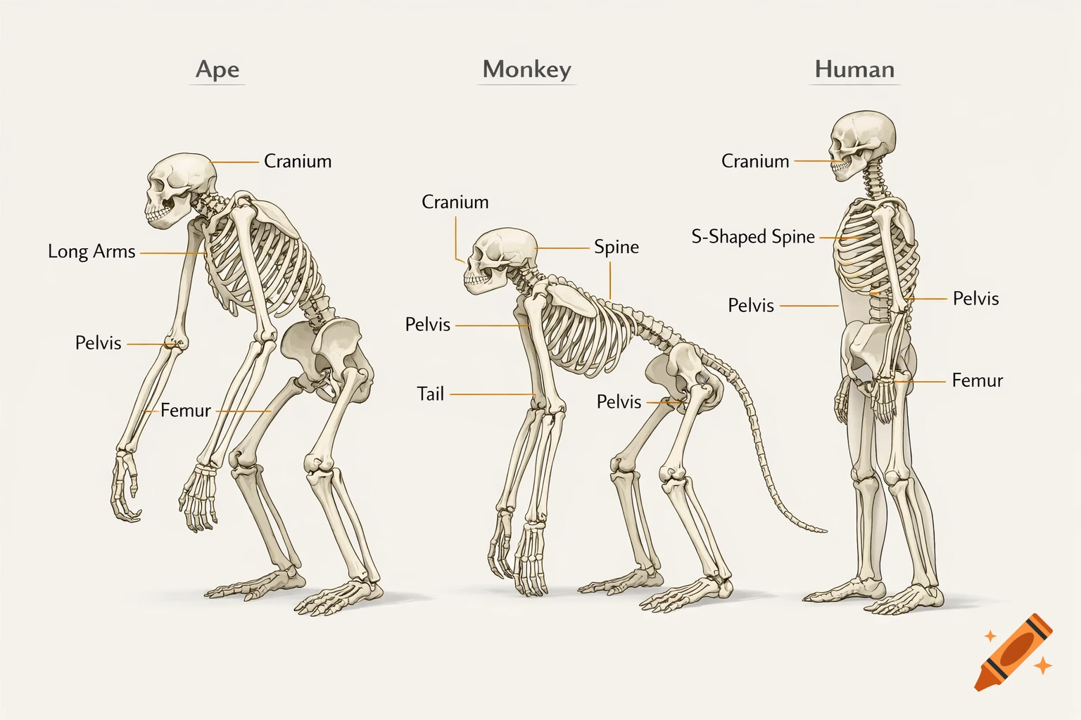 Scientific diagram comparing labeled skeletons of an ape, monkey, and human.