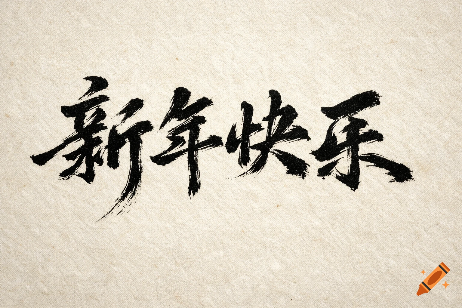 Black Chinese calligraphy for 'Happy New Year' (新年快乐) with feibai brushstrokes on a textured beige background.