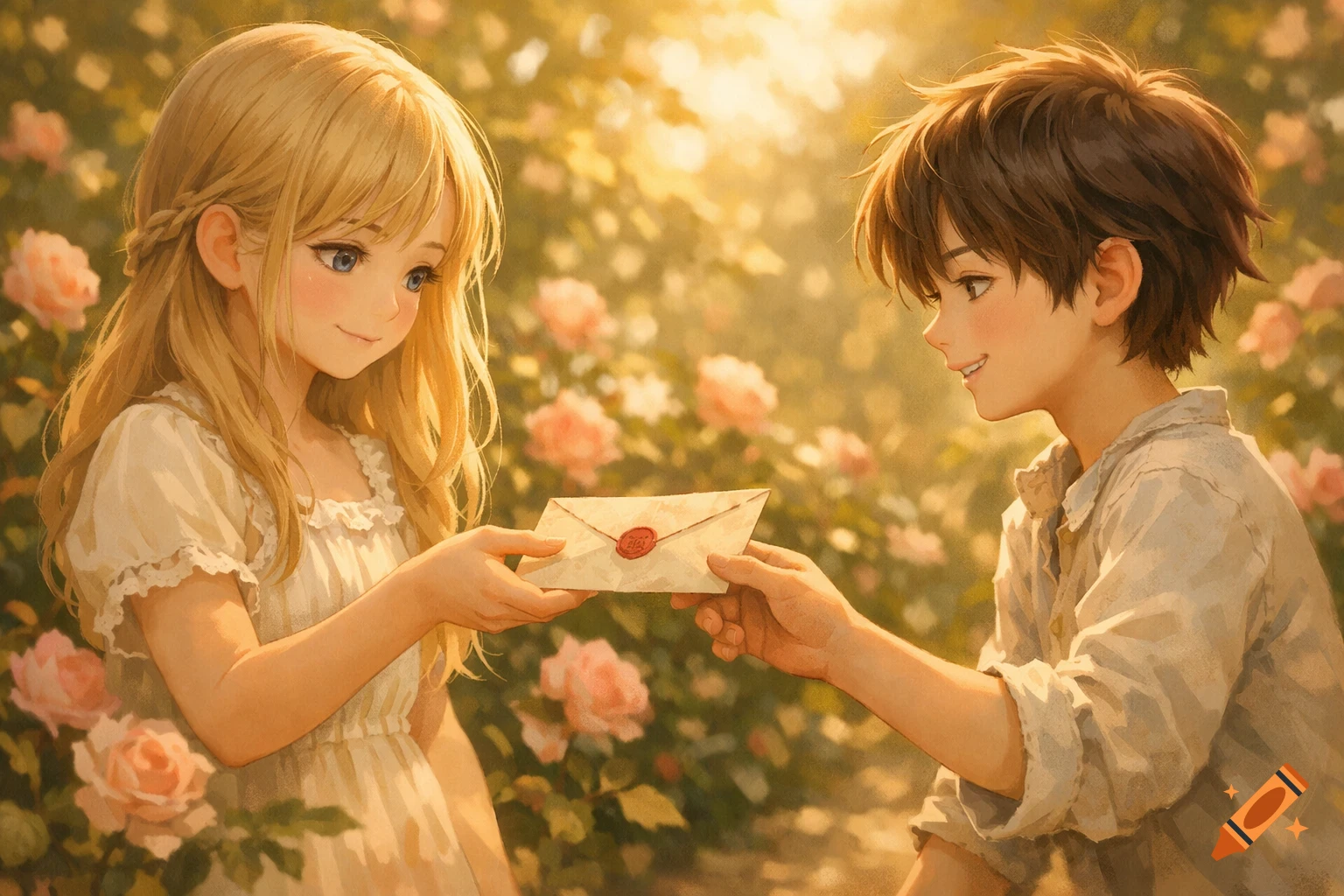 An anime-style blonde girl hands a sealed letter to a brown-haired boy in a sunlit rose garden.