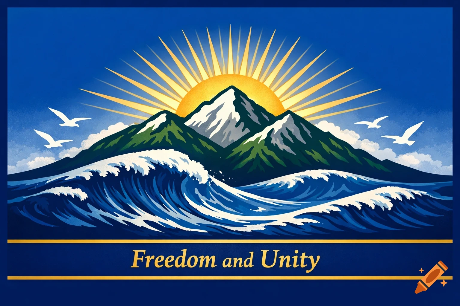 A stylized flag with a golden sun, snow-capped mountains, and blue ocean waves. White seagulls fly in a blue sky above the text 'Freedom and Unity'.