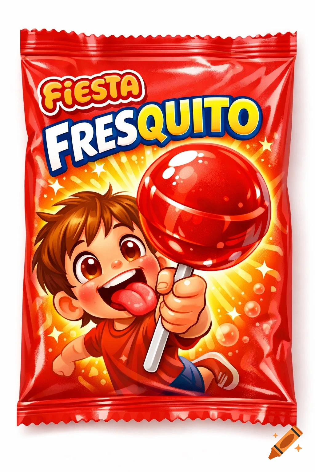 Red candy wrapper with a cartoon boy holding a giant red lollipop and text "Fiesta Fresquito".