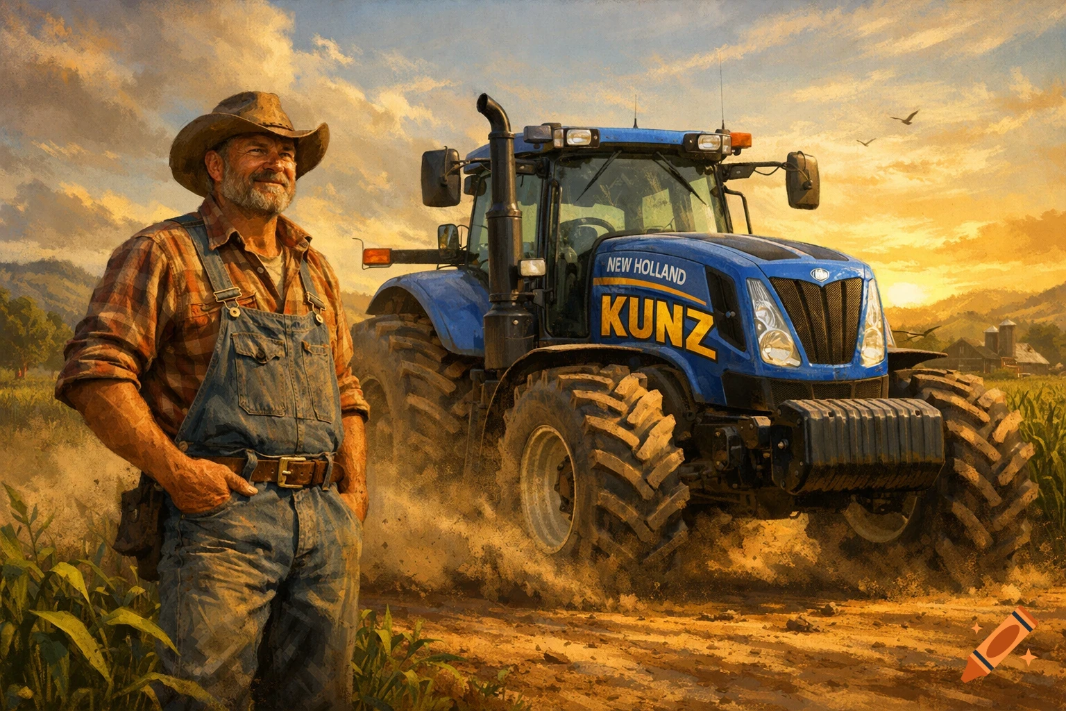 A smiling farmer in overalls and a cowboy hat stands next to a blue New Holland tractor in a dusty field at sunset.