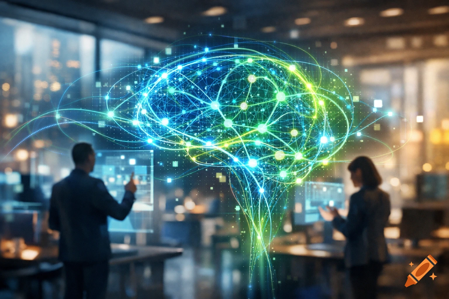 Two business people interact with a large, glowing neural network brain graphic in a modern office.