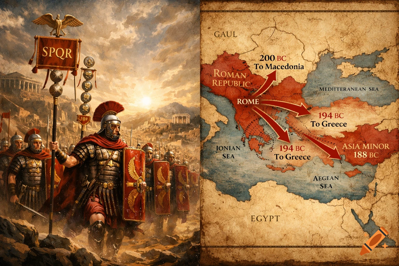 A diptych showing Roman soldiers with an SPQR banner on the left, and a historical map of the Roman Republic's expansion into Greece and Macedonia on the right.