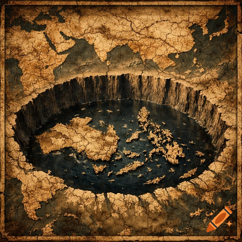 A stylized map showing Earth with a massive crater centered on Antarctica, containing fragmented islands and dark ocean, surrounded by cracked landmasses.